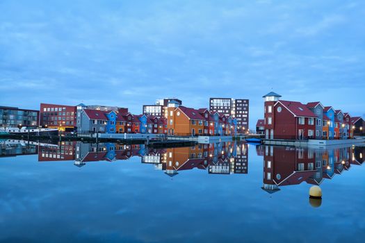 colorful buildings on water at marina Reitdiephaven, Groningen, Netherlands