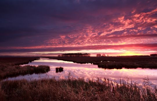 dramatic red fire sunrise over river, Onlanden, Drenthe, Netherlands