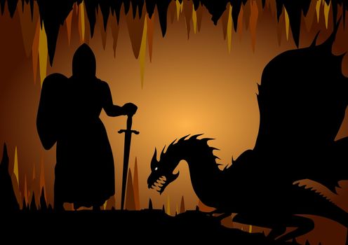 Illustration of a dragon and knight inside a cave