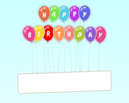 Illustration of balloons with happy birthday text, holding up a blank sign