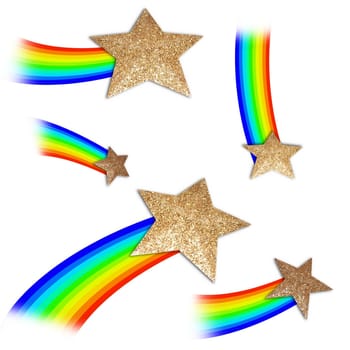 Illustration of gold shooting stars with rainbow trails