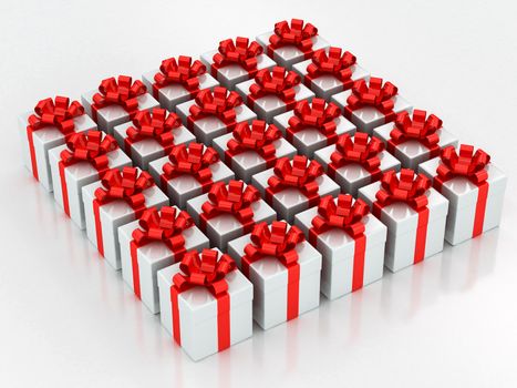 white gift boxes with red ribbon on a white background