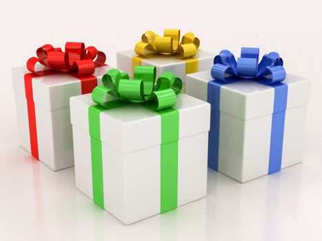white gift boxes with varicolored ribbon on a white background