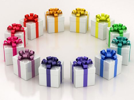 white gift boxes with varicolored ribbon on a white background