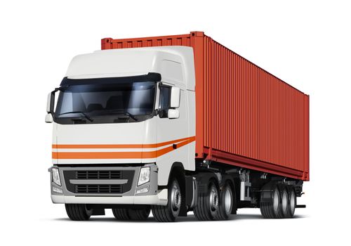 truck delivers freight in the form of container, isolated with path