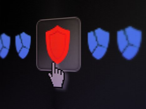 Safety concept: pixelated Shield icon on button with Hand cursor on digital computer screen, selected focus 3d render