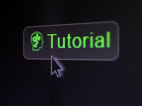 Education concept: pixelated words Tutorial and Head With Gears icon on button withArrow cursor on digital computer screen background, selected focus 3d render