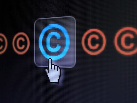 Law concept: pixelated Copyright icon on button with Hand cursor on digital computer screen, selected focus 3d render