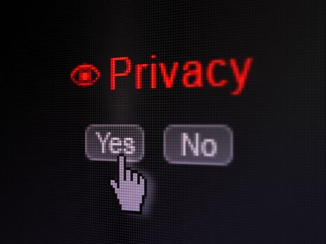 Safety concept: buttons yes and no with pixelated Eye icon, word Privacy and Hand cursor on digital computer screen, selected focus 3d render