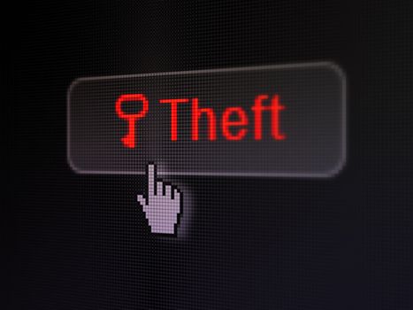 Safety concept: pixelated words Theft and Key icon on button withHand cursor on digital computer screen background, selected focus 3d render