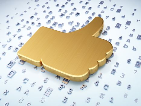 Social media concept: Golden Thumb Up on digital background, 3d render