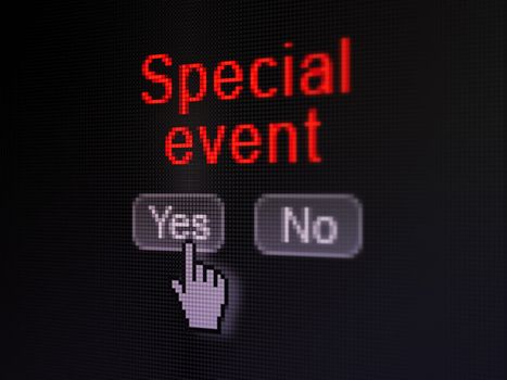 Business concept: buttons yes and no with pixelated word Special Event and Hand cursor on digital computer screen, selected focus 3d render