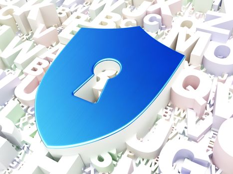 Privacy concept: Shield With Keyhole on alphabet background, 3d render