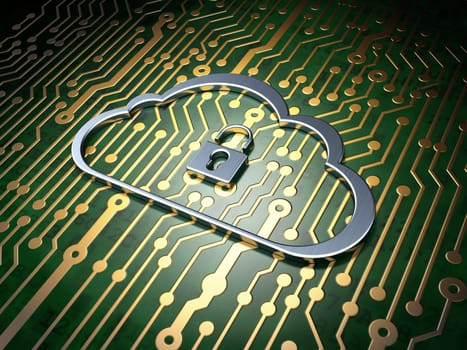 Cloud computing concept: circuit board with Cloud With Padlock icon, 3d render