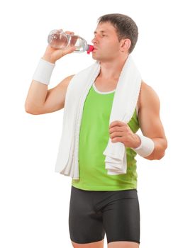 sportsman drinking water from transparent bottle isolated on white background