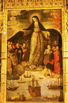 Madonna Mary of the Seafarers Explorers Fernandez 1535 First Painting of Columbus Chapel of the Casa de la Contratacion Alcazar Royal Palace Seville Andalusia Spain. Altarpiece