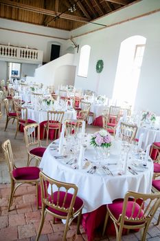 restaurant banquet room decorated for a wedding party