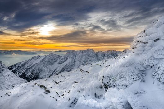 Winter mountains scenic view with frozen snow and icing, High Tatras, Slovakia