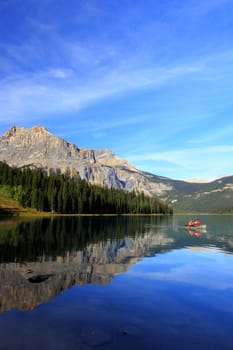 Mountains reflected in Emerald Lake, Yoho National Park, British Columbia, Canada