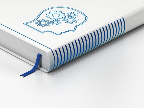 Marketing concept: closed book with Blue Head With Gears icon on floor, white background, 3d render