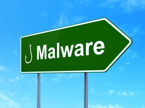 Security concept: Malware and Fishing Hook icon on green road (highway) sign, clear blue sky background, 3d render
