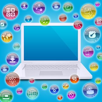 Laptop and application icons. The concept of software