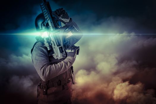 Soldier in uniform with rifle, assault sniper on apocalyptic clouds, firing