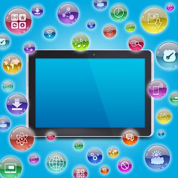 Tablet PC and application icons. The concept of software