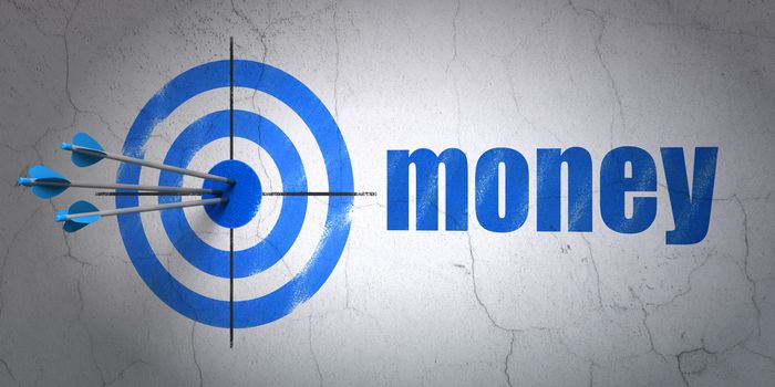 Success finance concept: arrows hitting the center of target, Blue Money on wall background, 3d render