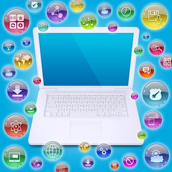 Laptop and application icons. The concept of software