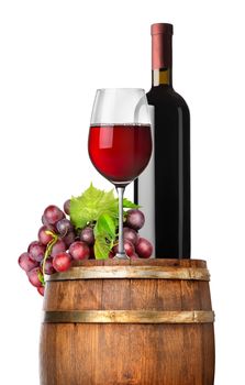 Grape and wine on a barrel isolated on white