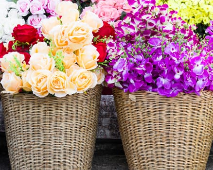 Flower fabric roses,Fake textile flower close-up  in basket