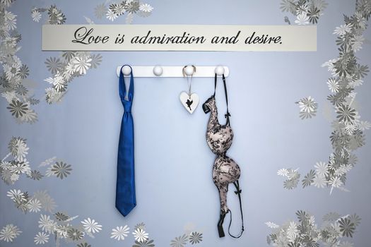 blue tie and bra hung in wall hanger of white wood on wall, Sign attached to the wall with the phrase romantic: love is admiracion and desire