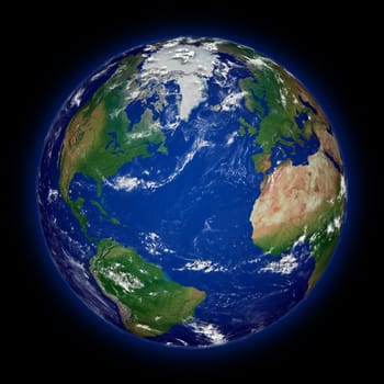 Northern hemisphere on blue planet Earth isolated on black background. Highly detailed planet surface. Elements of this image furnished by NASA.