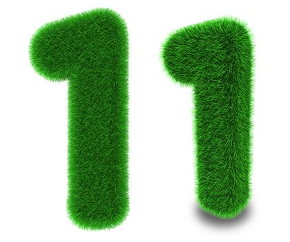 1, number one covered by green grass isolated on white background