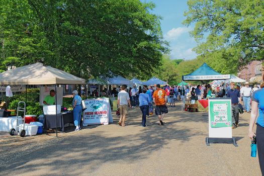 WILLIAMSBURG, VIRGINIA - APRIL 21 2012: Vendors and shoppers at the Williamsburg Farmers Market in spring. The restored town is a major attraction for tourists and meetings of world leaders.