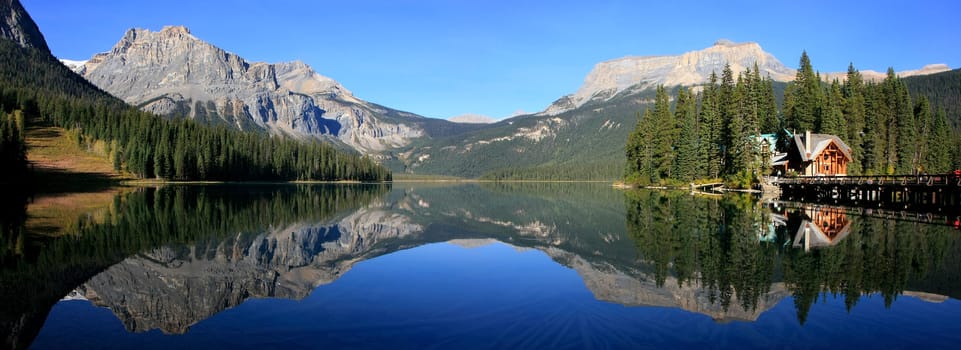 Panoramic view of mountains reflected in Emerald Lake, Yoho National Park, British Columbia, Canada