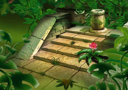 Old Stairs In Jungle - Background Illustration