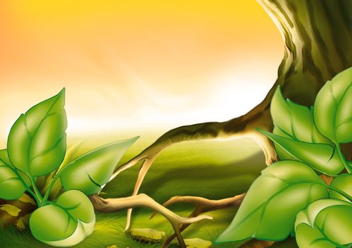 Tree And Green Leafs - Background Illustration
