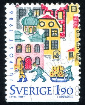 SWEDEN - CIRCA 1986: stamp printed by Sweden, shows Children, sled, circa 1986