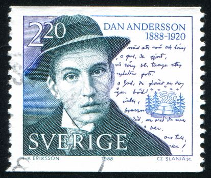 SWEDEN - CIRCA 1988: stamp printed by Sweden, shows Dan Andersson, Poet, and Manuscript, circa 1988