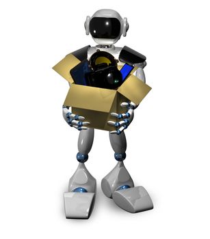 3d illustration of a robot with a box of gadgets