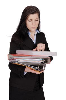 Woman in a jacket holding a pile of documents and reading, isolated on white background