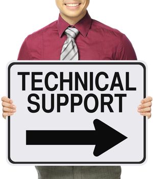 A man holding a modified one way sign indicating Technical Support
