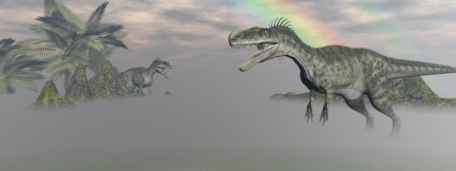 two monolophosaurus dinosaur which are in confrontation the middle of a mountainous landscape