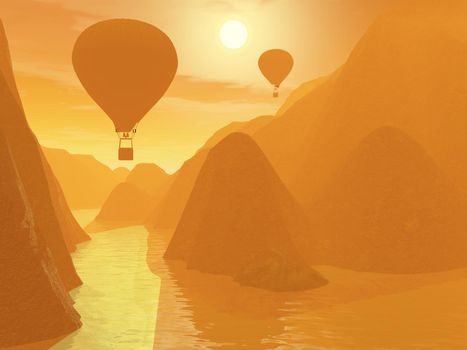 Two hot-air balloons during flight over mountains