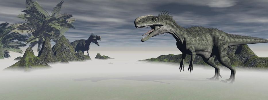 two monolophosaurus dinosaur which are in confrontation the middle of a mountainous landscape