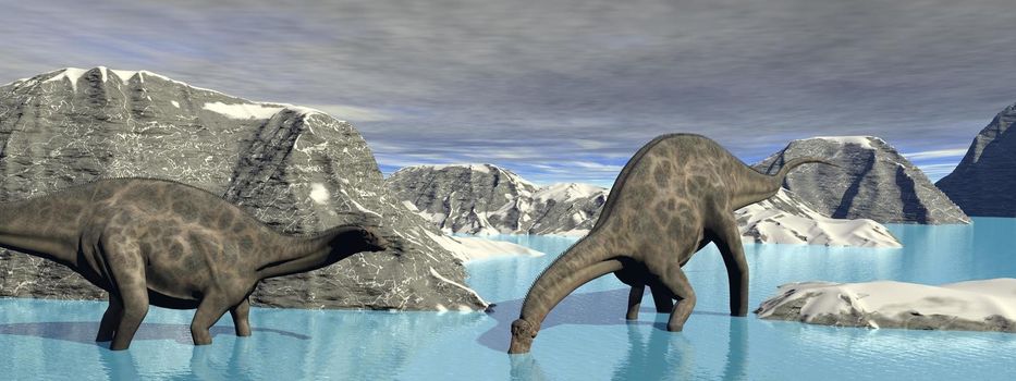 two dicraeosaurus dinosaur drink some water surrounded with mountains