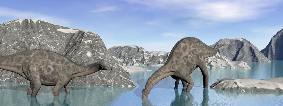 two dicraeosaurus dinosaur drink some water surrounded with mountains