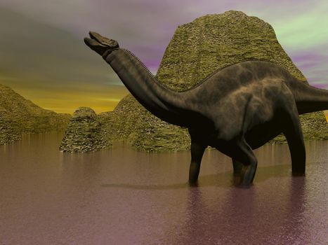 A dicraeosaurus dinosaur legs in the water surrounded with mountains